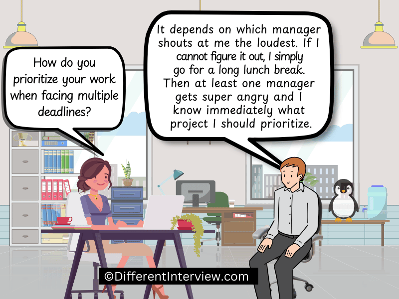 A job applicant explains to the interviewer how they decide about which project or task to prioritize at work. 