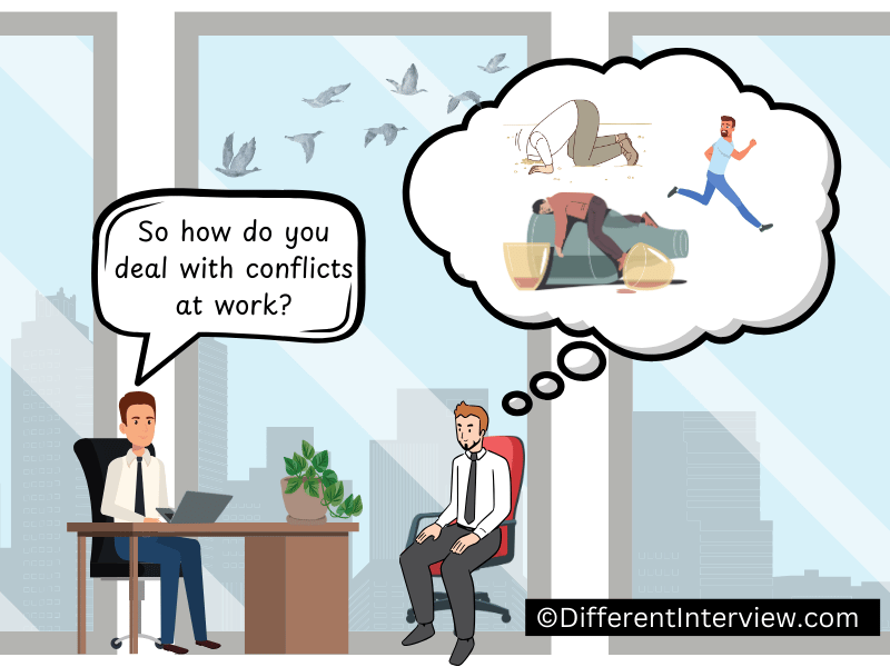 An applicant sits opposite to the hiring manager, thinking about how he really deals with conflicts, even though he'll say something completely different. 