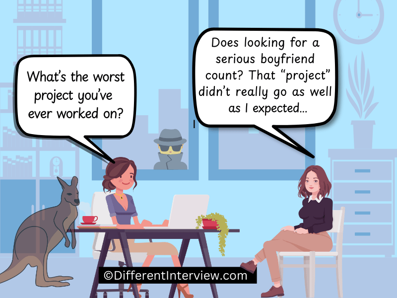 Candidate talks about a "project" of trying to find a serious boyfriend while the HR manager can hardly believe it. 
