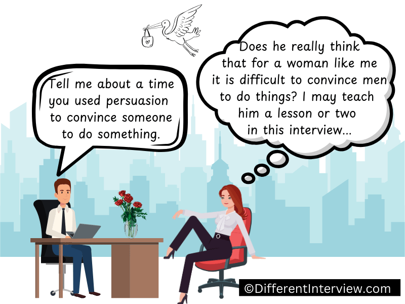 A good looking job applicant thinks that with her a question about persuading someone to do something doesn't make much sense.