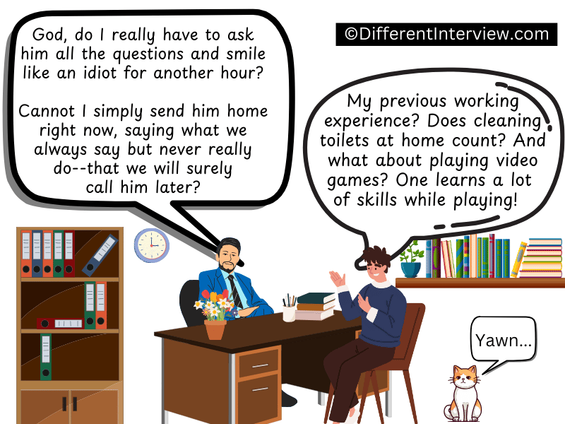 An inexperienced job applicant gives a bizarre answer about his previous experience, while the hiring manager tries to keep a poker face. 