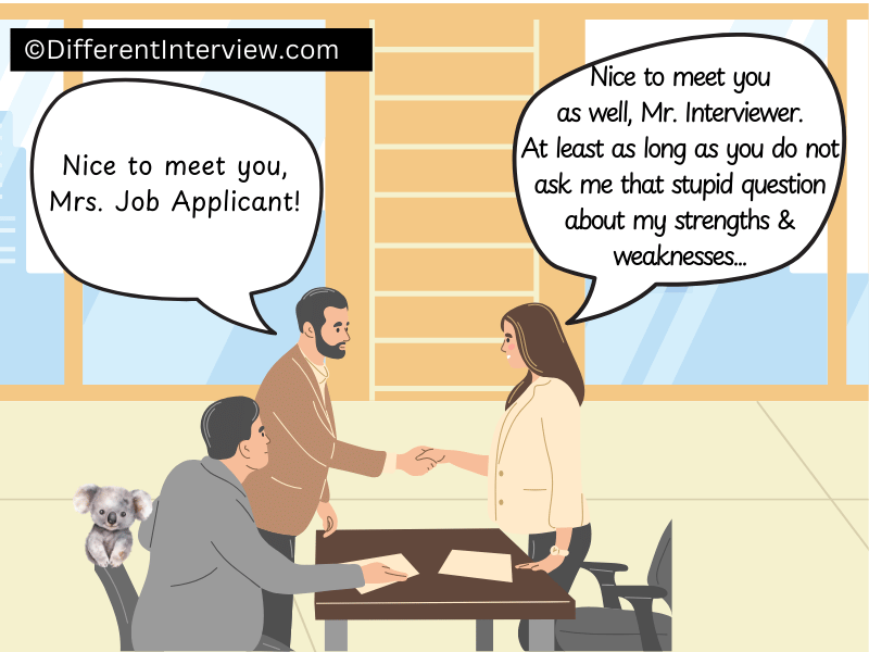 People introduce themselves in the interview. The candidate is already anxious about the question about her weaknesses. 