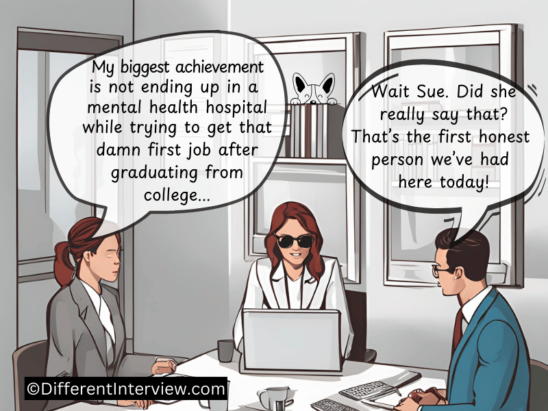 Three people in a job interview, candidate is pretty honest about her struggled with getting the job. 